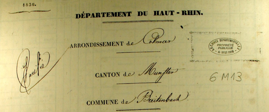 Breitenbach - Dénombrement de 1836