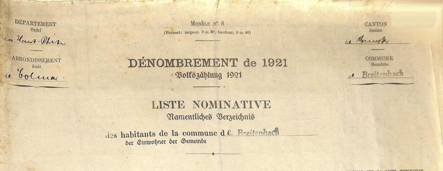 Breitenbach - Dénombrement de 1921