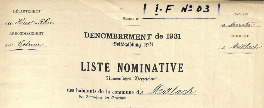 Mittlach - Dénombrement de 1931